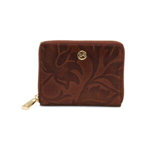 VALENTINA Tobacco Made In Italy Leather Medium Zip Around Tooled Wallet